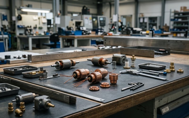 Piccoli commutatori in rame e parti compatte di motori a spazzole su un banco di lavoro industriale pulito