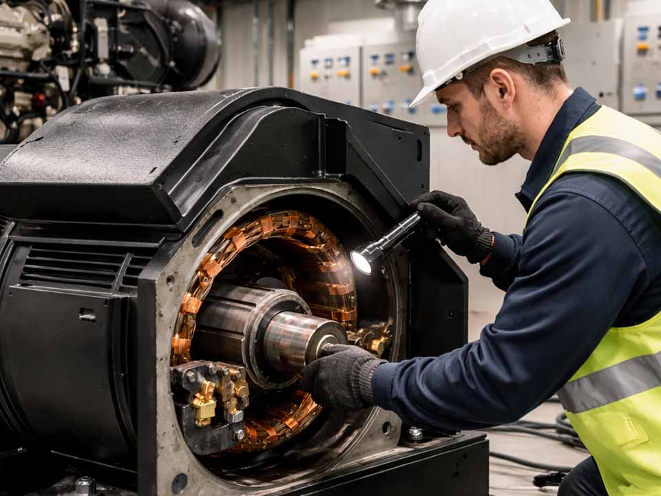 Technician inspecting industrial generator