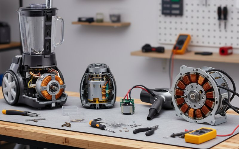disassembled appliances showing commutator motors