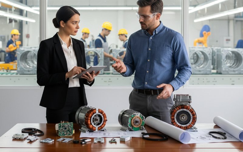 engineer and buyer reviewing motors