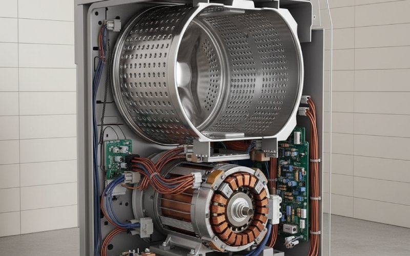 washing machine cutaway showing commutator motor