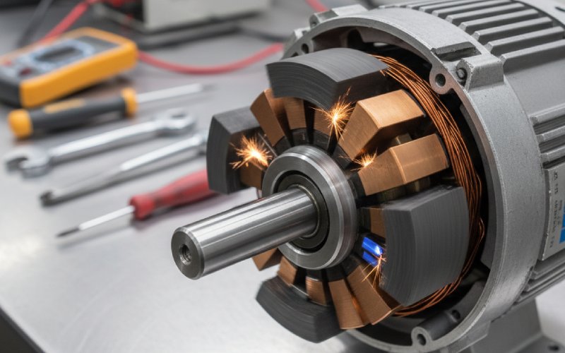 Brushes on spinning commutator