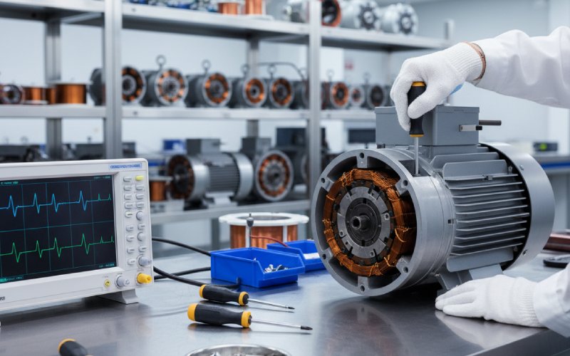 Engineer inspecting DC motor commutator