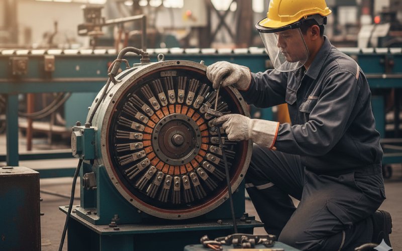 technician adjusting dc motor brushes