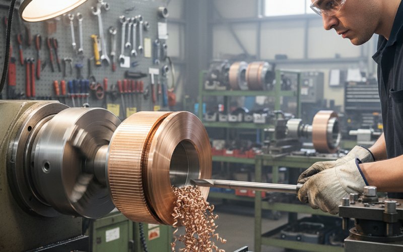 technician turning motor commutator on lathe