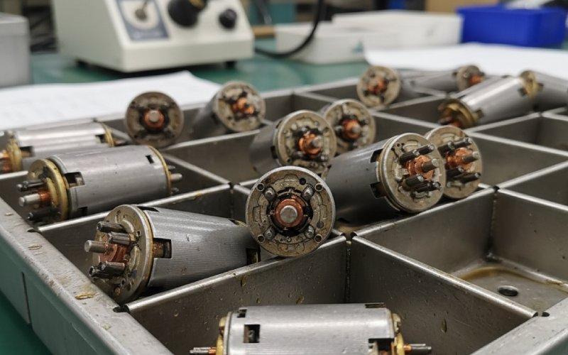 tray of dc motors for inspection