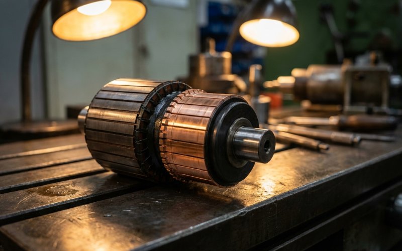 A high-precision copper commutator assembly in an industrial workshop