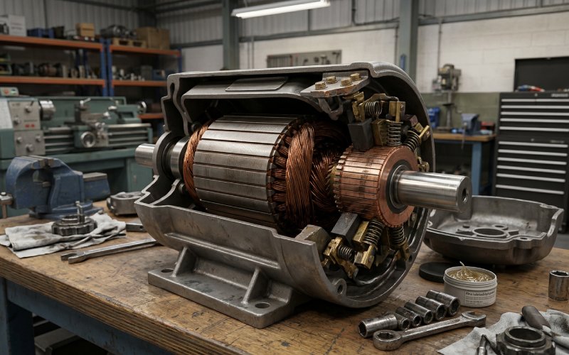 Schrägansicht eines teilweise geöffneten Motors, die den Bürsten- und Kommutatorbereich zeigt