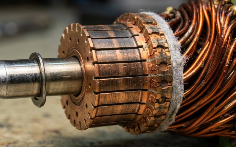 Close-up of a DC motor commutator and windings during inspection