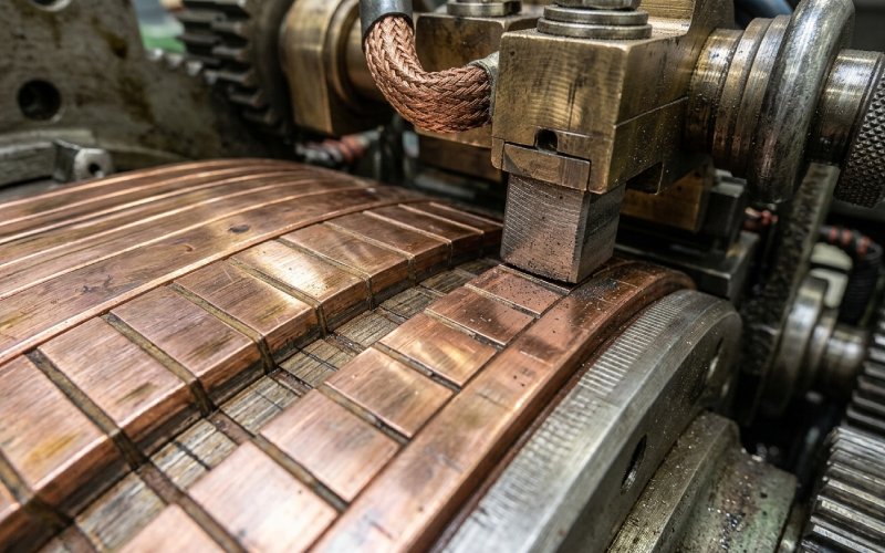 Nahaufnahme einer Kommutatoroberfläche mit vertieften Rillen und Bürstenkontaktfläche