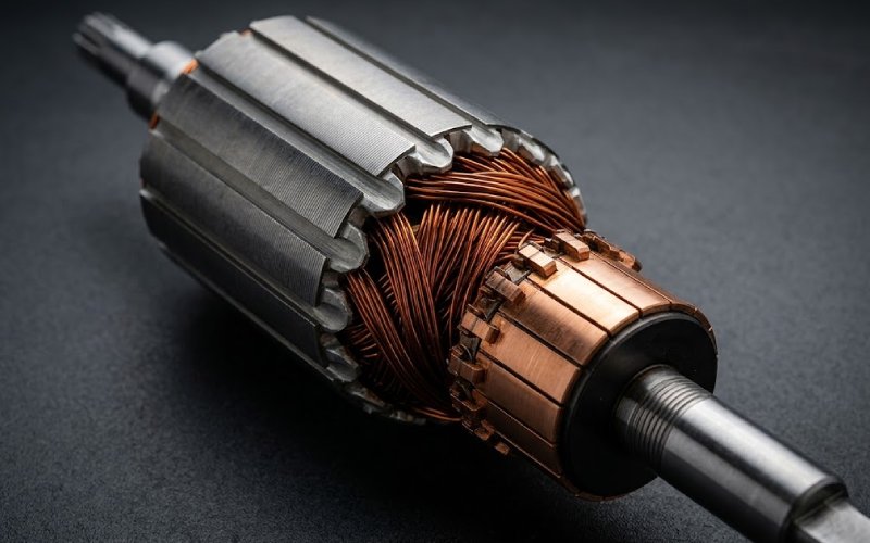 Close-up of an electric motor armature with visible commutator and winding coils
