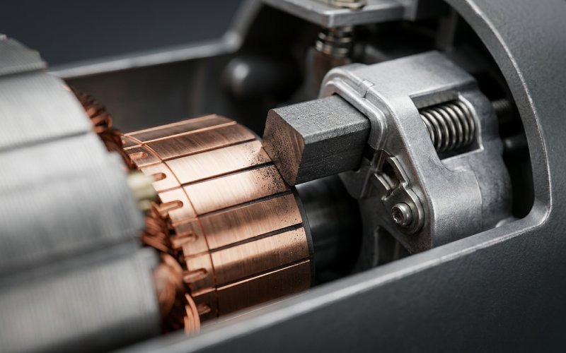 Nahaufnahme von Kohlebürsten, die den Kommutator im Inneren eines Elektromotors berühren