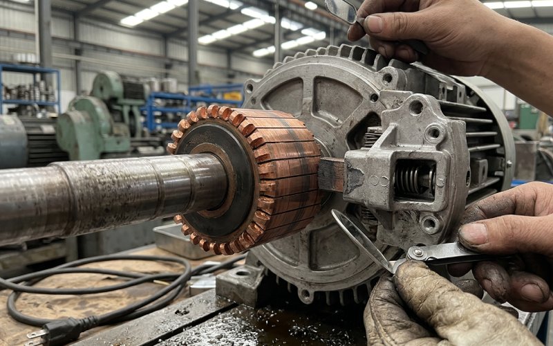 Conjunto de colector de cobre y portaescobillas durante la inspección en un taller industrial