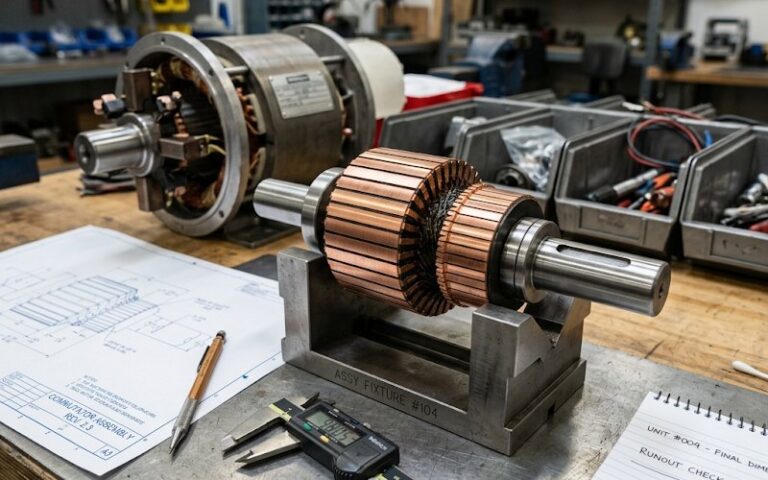 Kundenspezifischer Industriekommutator auf einer technischen Werkbank während der Zeichnungs- und Qualitätsprüfung