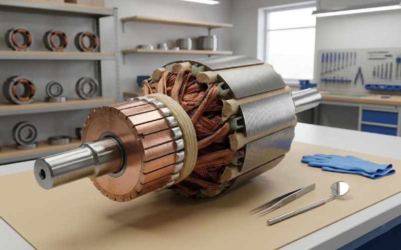 DC motor armature with visible commutator in a repair workshop focused on preventive maintenance