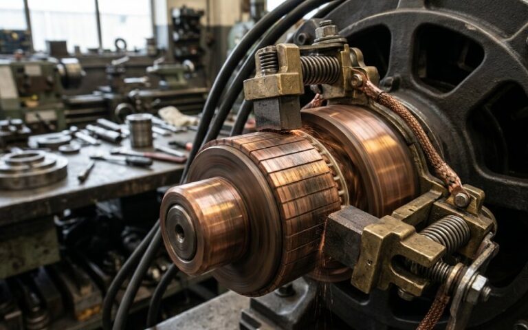 DC motor commutator and brushes in a realistic industrial close-up