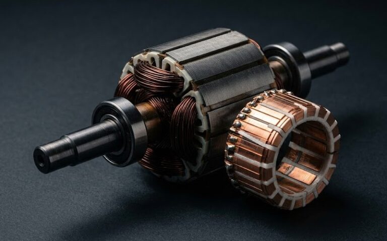 Disassembled armature and commutator in a clean industrial still-life composition