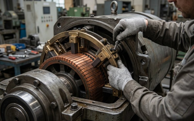 Elektrotechniker beim Einstellen eines Bürstengetriebes an einer industriellen Kommutatormaschine