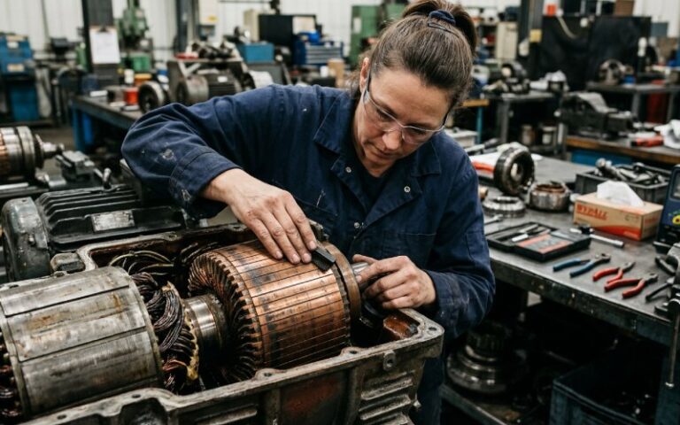 Ingegnere che ispeziona la superficie di un commutatore in un'officina industriale