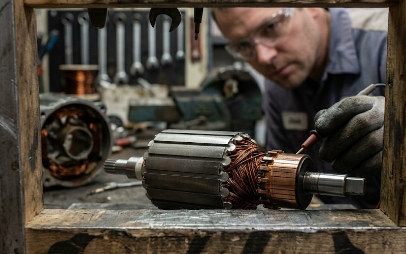 Exposed motor component in focus at a repair station with technician blurred in background