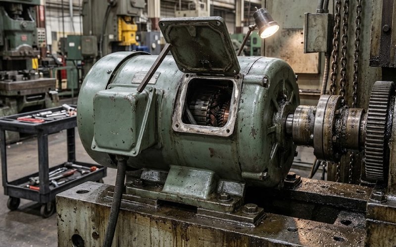Heavy-duty DC motor installed on industrial equipment with partially visible internal structure