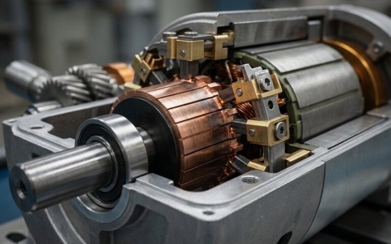 Industrielle Nahaufnahme eines Kupferkommutators in einem Gleichstrommotor mit einer Bürsteneinheit in der Nähe