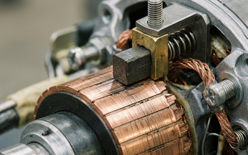 Macro view of a commutator surface in contact with a carbon brush