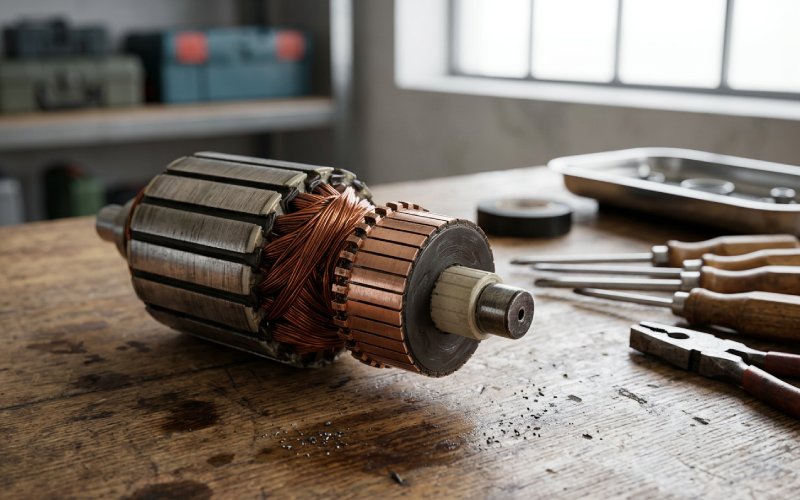 Motorrotor mit freigelegtem Kommutator auf einer Reparaturwerkbank