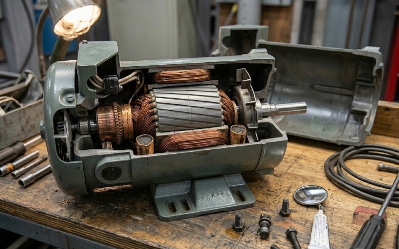 Open DC motor during maintenance inspection with visible internal electromagnetic components