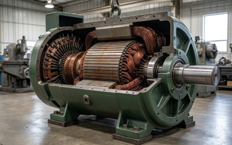 Partially opened DC motor in an industrial workshop showing internal windings and rotor