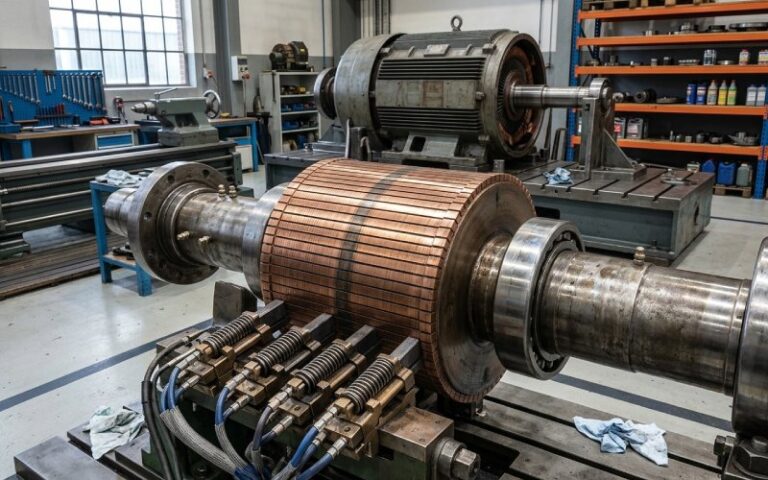 Immagine di copertura fotorealistica di un gruppo di commutatori in un'officina di motori industriali