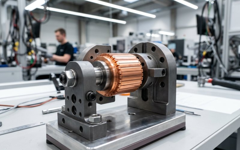 Precision-manufactured commutator mounted in a fixture under clean factory lighting