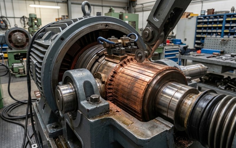 Seitenansicht der Kommutatorbearbeitung in einer industriellen Produktionsumgebung