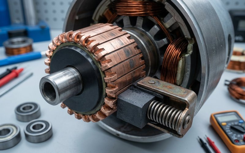 Vista lateral de una escobilla de carbón accionada por resorte en contacto con un conmutador de cobre dentro de un motor de corriente continua.