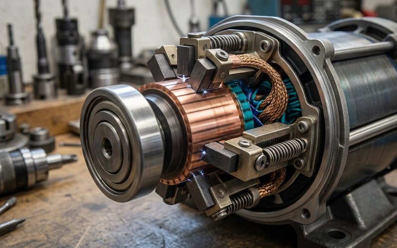 Seitenansicht von Kohlebürsten, die einen Kommutator mit minimaler Funkenbildung berühren