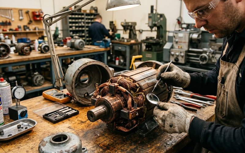 Technician inspecting a disassembled DC motor commutator in an industrial repair workshop