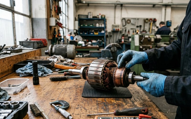 Technician inspecting a motor rotor with a visible commutator on an industrial workbench