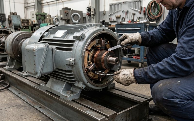 Technician performing a routine maintenance check on a DC motor in a workshop
