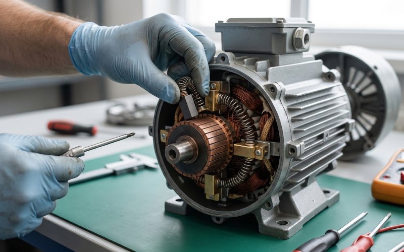 Tecnico addetto alla manutenzione di un motore industriale con gruppo commutatore e spazzola di carbone