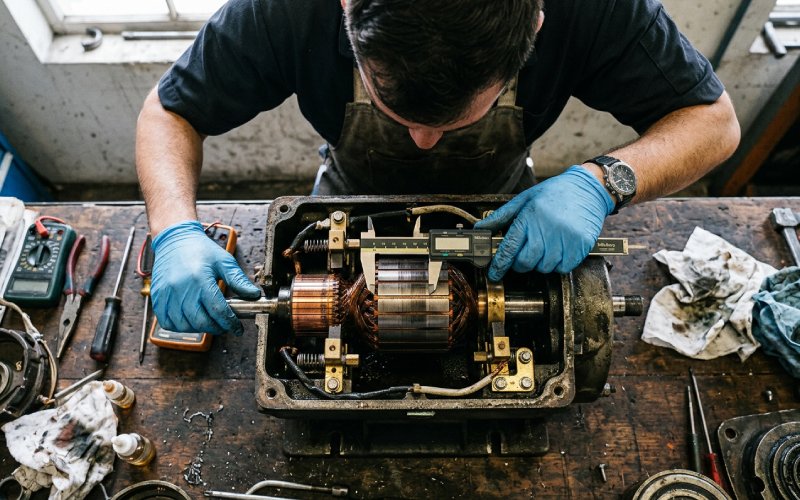 Top view of technician checking brush holder and commutator assembly