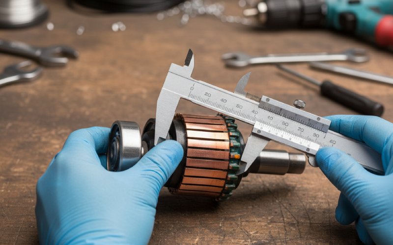 calipers measuring motor commutator