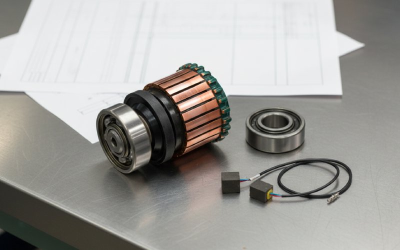 dc motor commutator with parts on bench