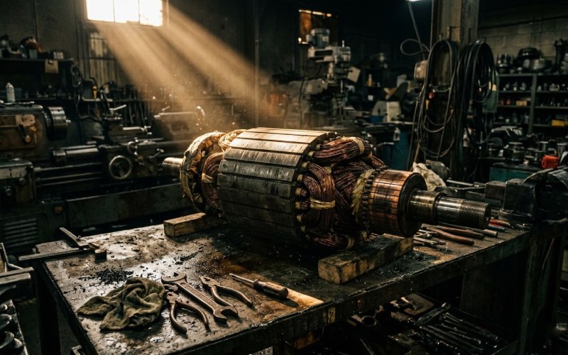 heavy industrial electric motor armature sitting on a workbench