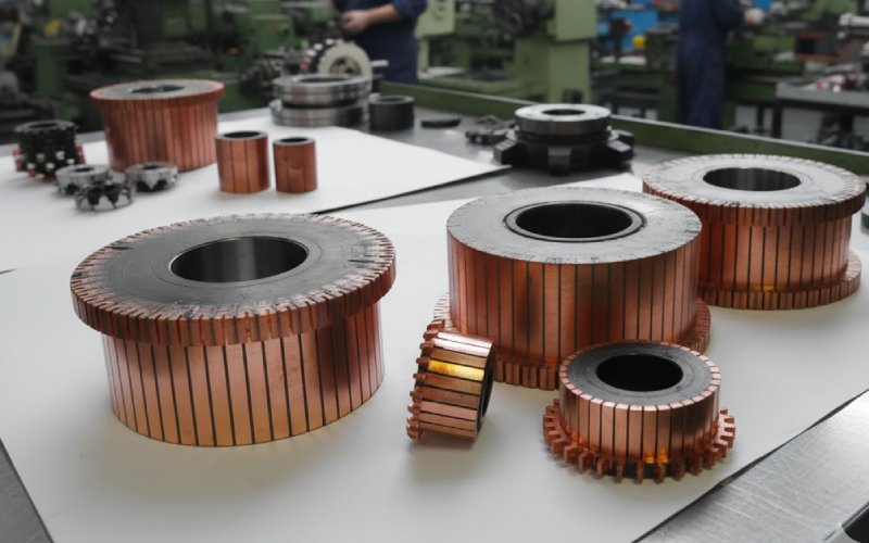 large copper commutators on bench
