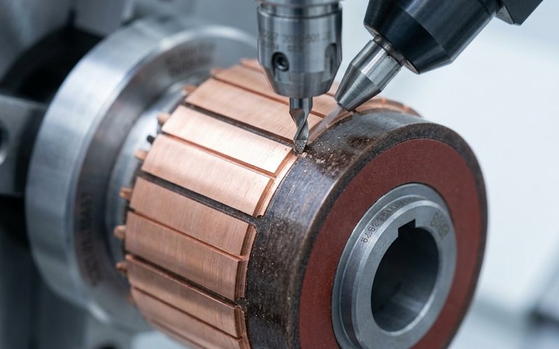 precision tool performing a mica undercut on a new industrial commutator