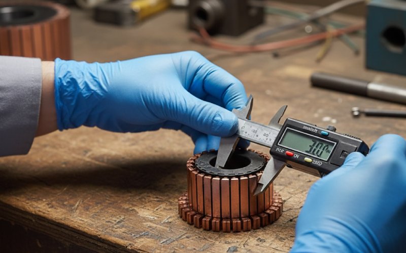 technician inspecting a copper commutator ring
