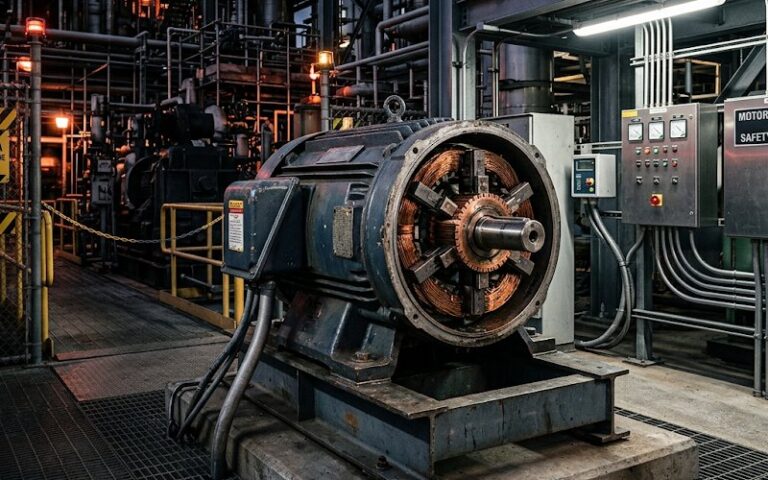 Motor de corriente continua con colector expuesto cerca de una zona industrial peligrosa