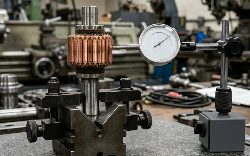 Commutator mounted for precision inspection of outer surface and bore alignment