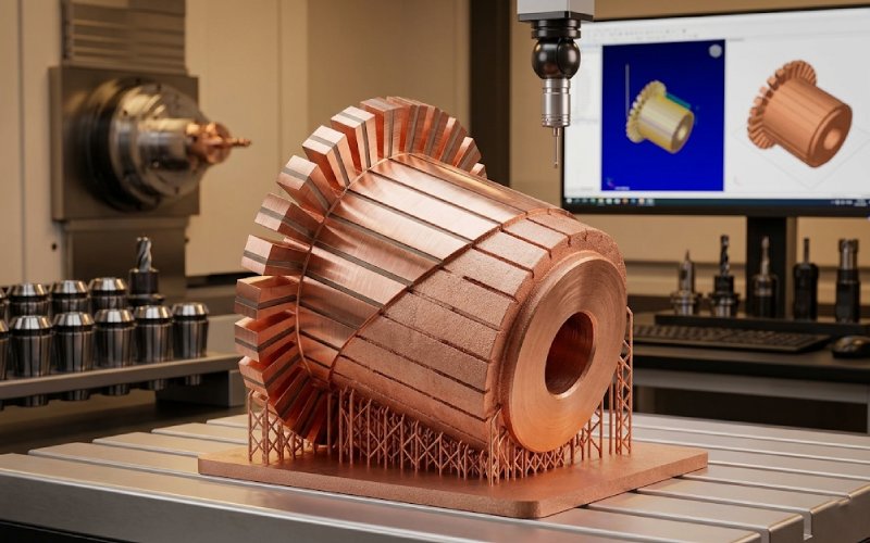 Kupferkommutator in einer hybriden Fertigungsszene mit 3D-Druck und Präzisionsbearbeitung
