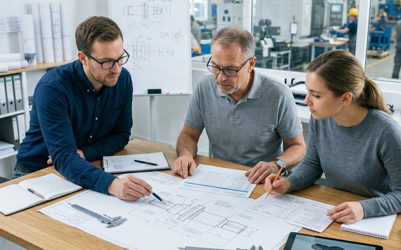Engineers reviewing drawings and inspection data for manufacturing quality control